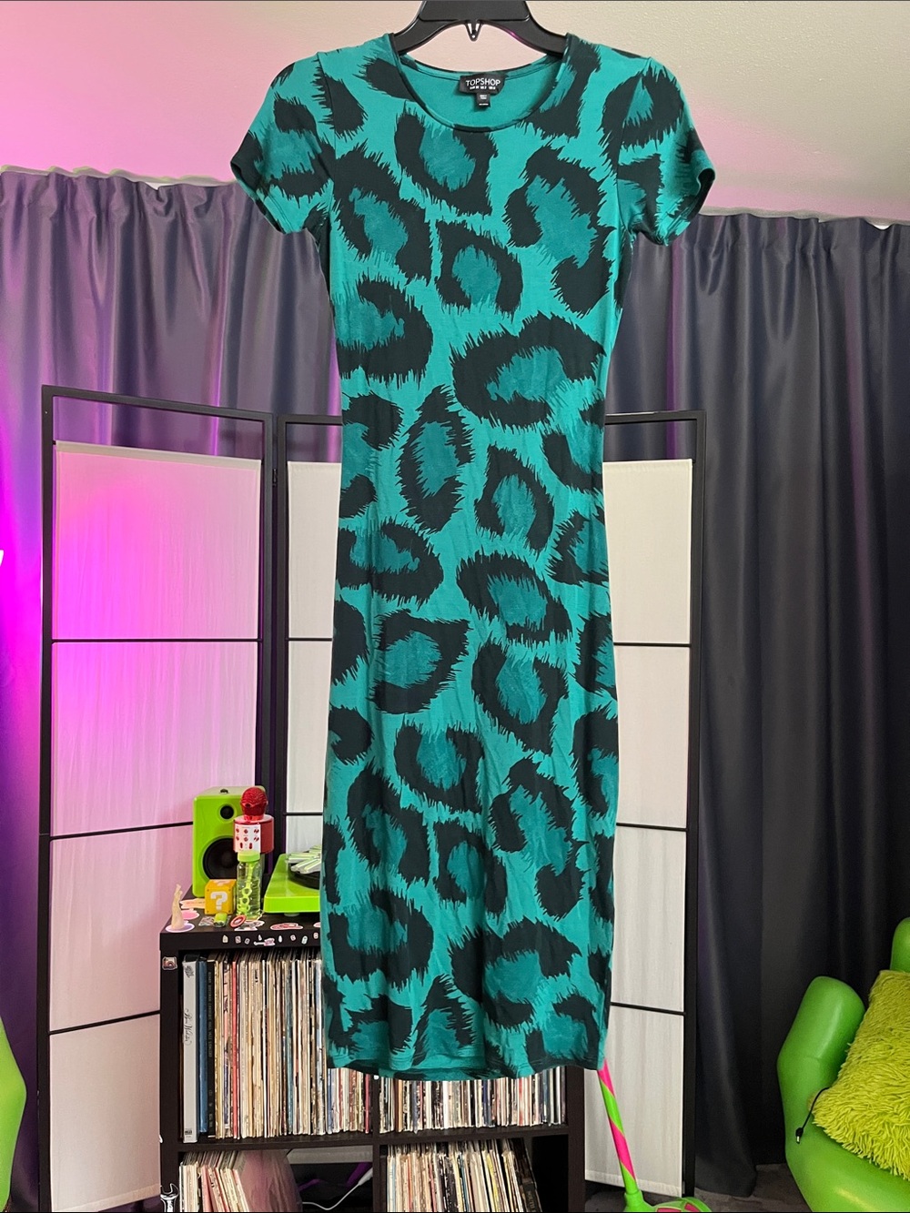 Topshop Teal and Black Animal-Print Midi Dress
